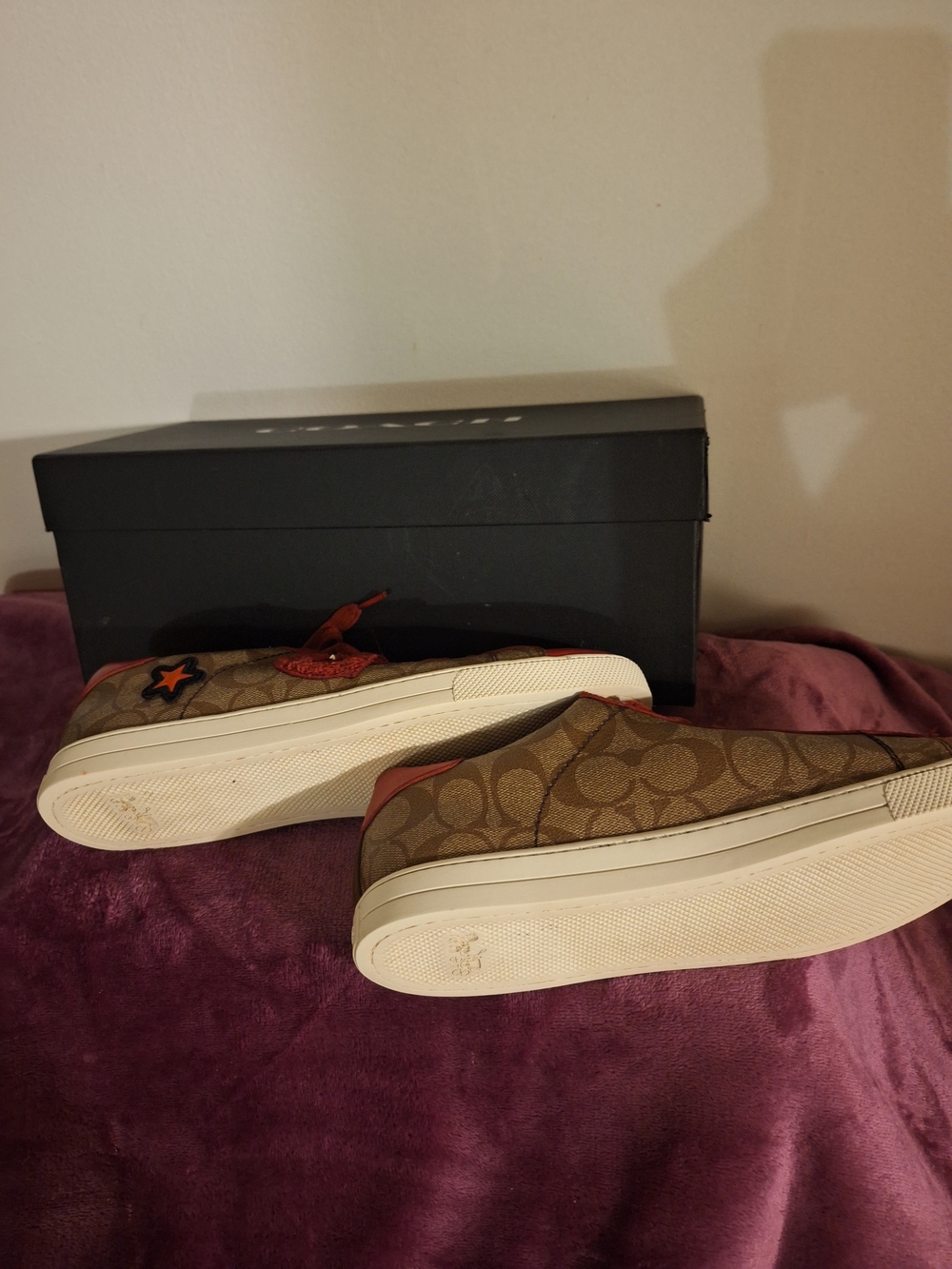 Coach Brown Monogram Sneakers with Red Leather Accents - Picture 6 of 7
